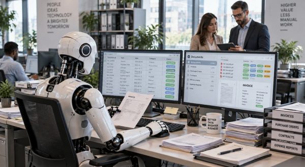 Robot asistente procesando documentos y facturas en una oficina para automatizar procesos empresariales con IA.